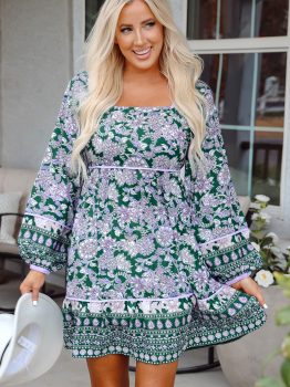 Green Floral Print Piping Trim Bubble Sleeve Square Neck Dress