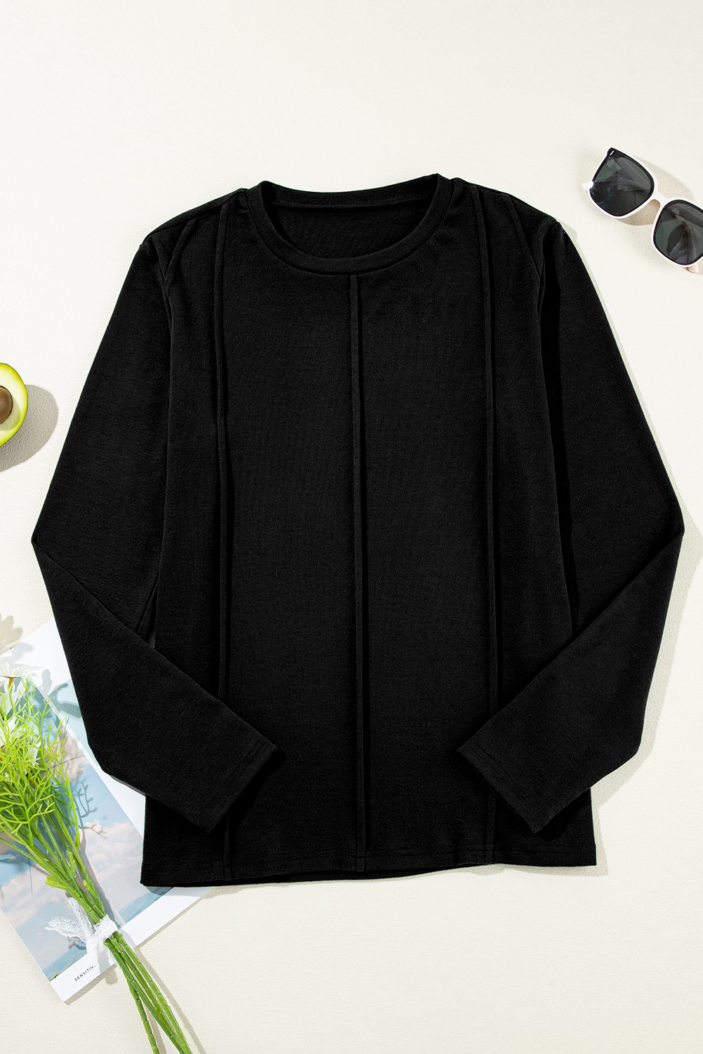 Black Solid Exposed Seam Crew Neck Long Sleeve Top - Image 7