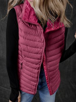 Burgundy Plush Collared Quilted Zipped Puffer Vest
