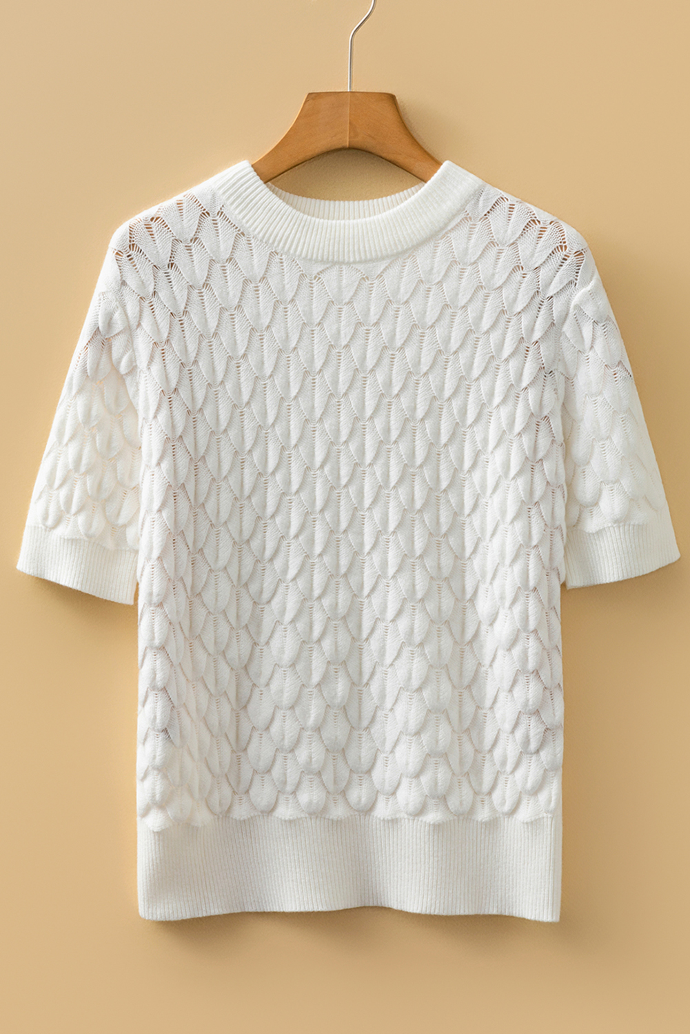 White Fish Scale Textured Knit Ribbed High Neck Short Sleeve Sweater - Image 3