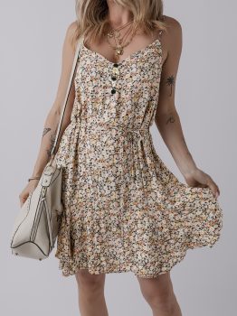 Khaki Boho Floral Printed Tie Waist Flared Sundress