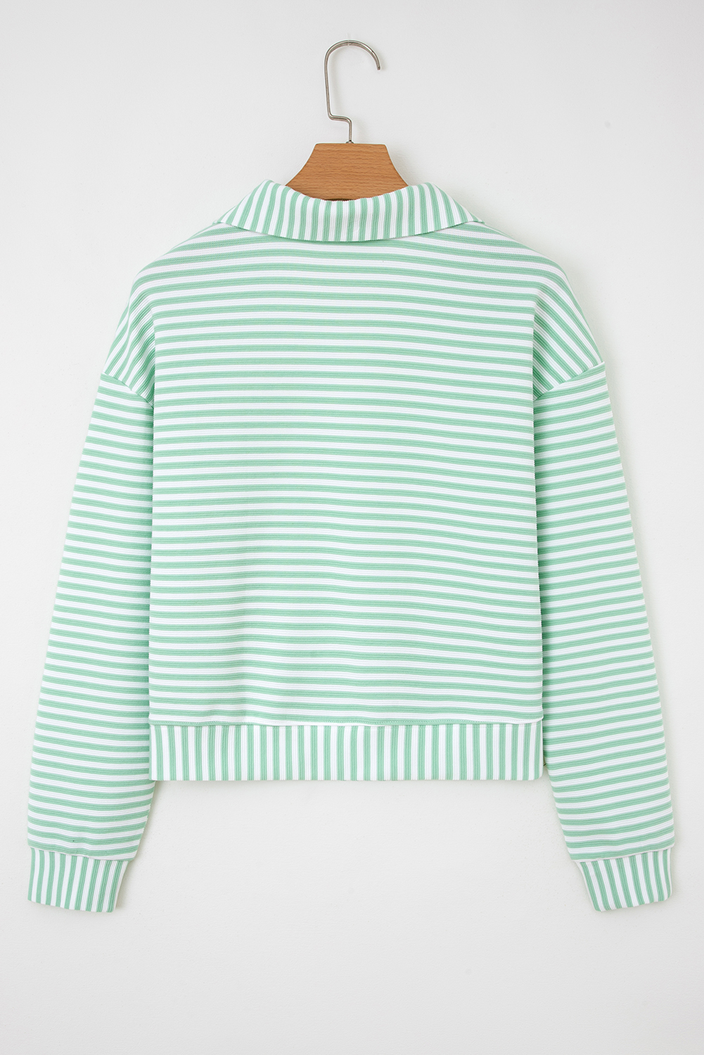 Green Stripe Quarter Zip Collar Pullover Long Sleeve Top - Image 5