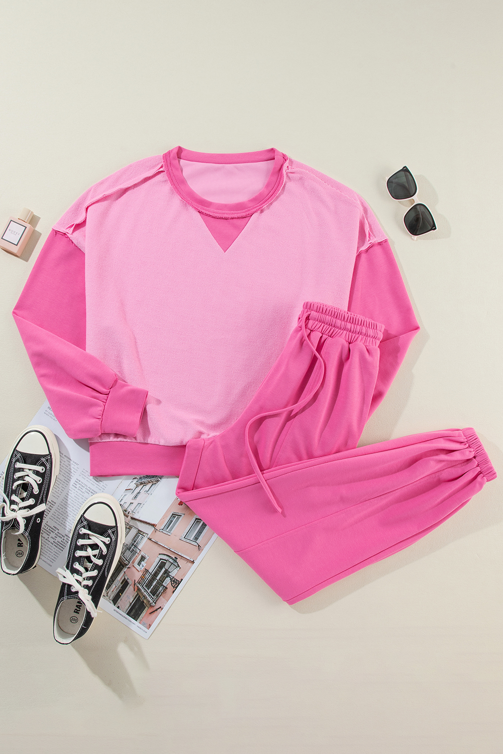 Bonbon Contrast Patchwork Pullover and Drawstring Joggers Set - Image 4