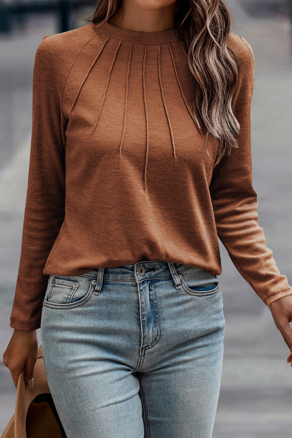 Cinnamon Solid Color Seam Detail Raglan Long Sleeve Top - Image 3