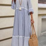Sky Blue Stripe Patchwork Crossed Lace Detail Bracelet Sleeve Maxi Dress