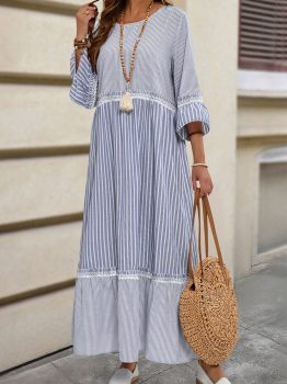 Sky Blue Stripe Patchwork Crossed Lace Detail Bracelet Sleeve Maxi Dress