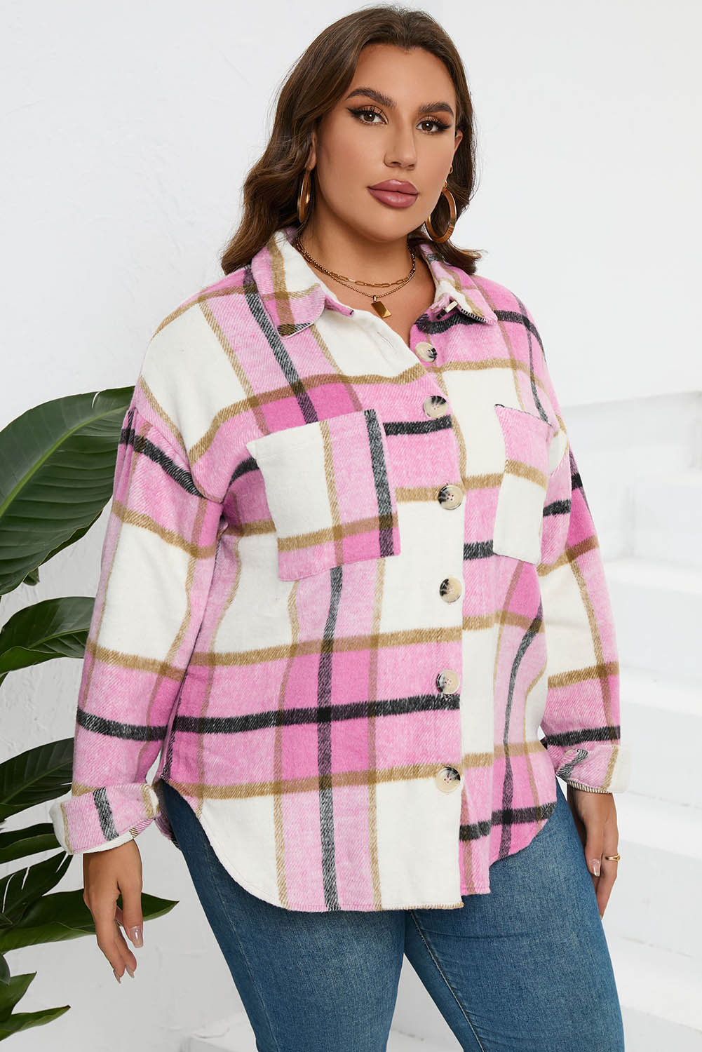 Pink Plaid Color Block Buttoned Long Sleeve Jacket with Pocket - Image 7