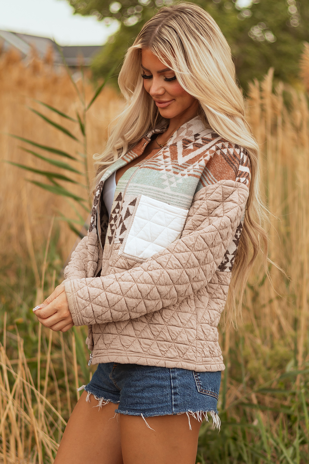 Light French Beige Aztec Quilted Patchwork Western Fashion Jacket - Image 3