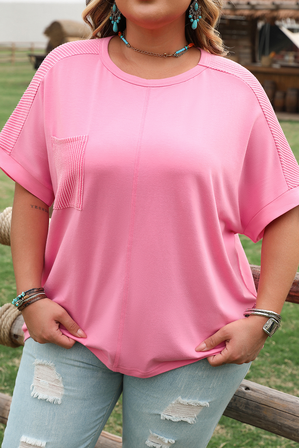 Bonbon Corded Patchwork Pocketed Plus Size T Shirt - Image 6