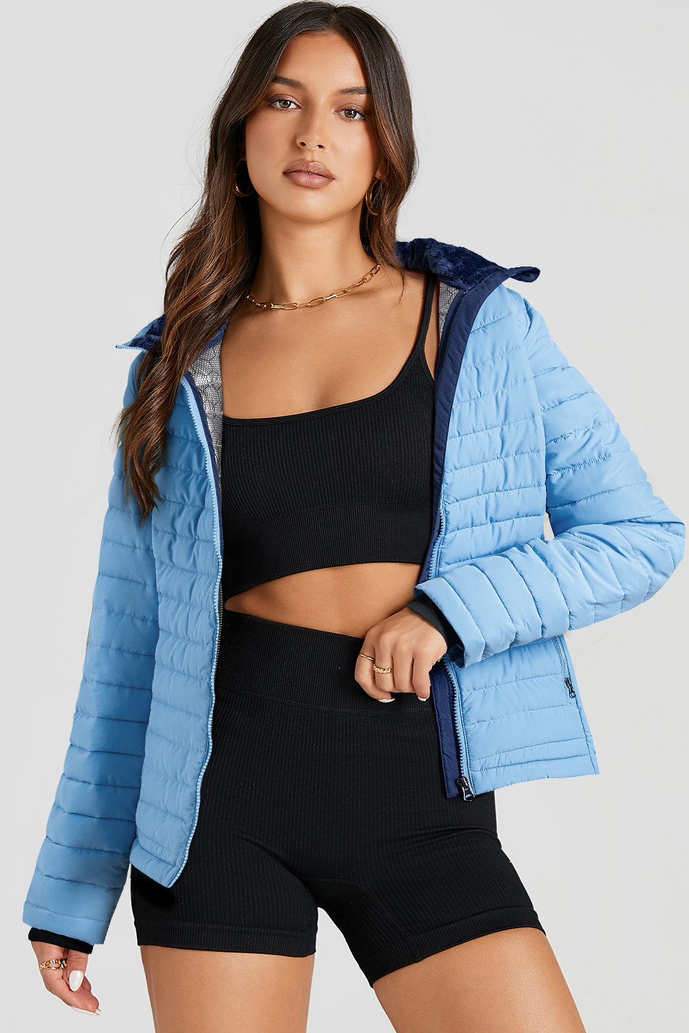 Myosotis Solid Color Quilted Zip-up Puffer Jacket - Image 5