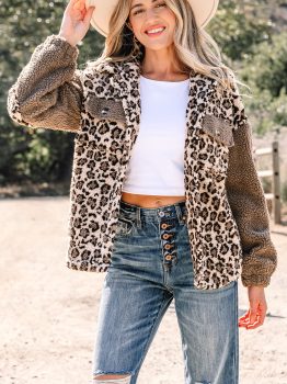 Brown Sherpa Leopard Print Flap Pocket Collared Button Up Jacket
