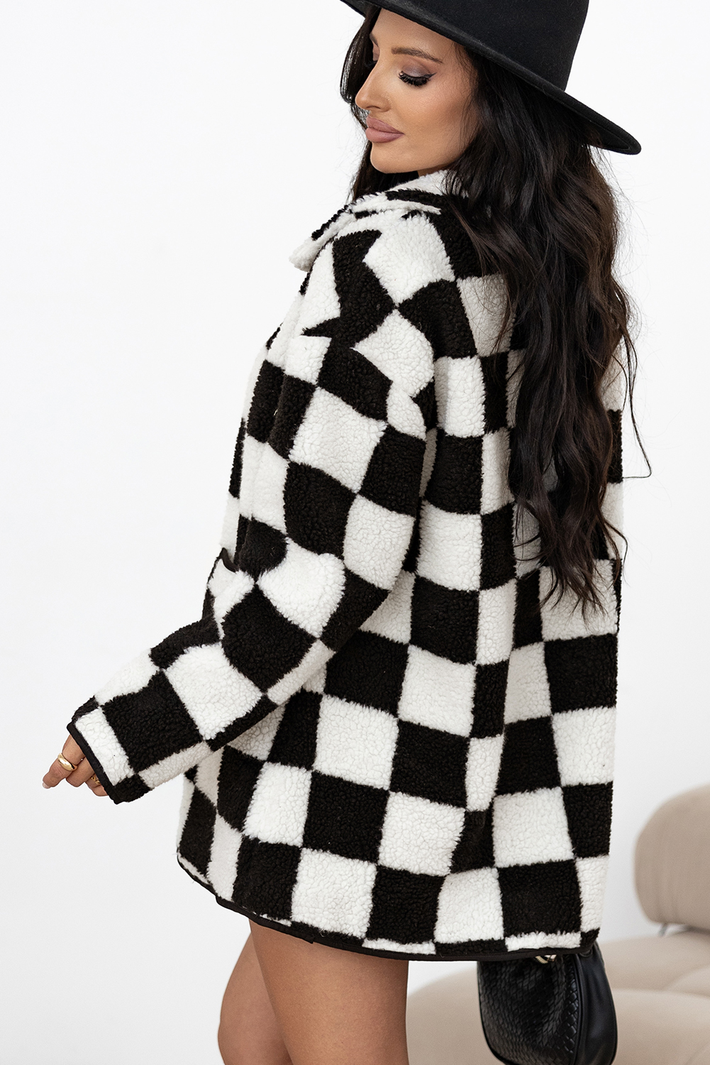 Black Checkered Side Pockets Collared Buttoned Fleece Jacket - Image 3