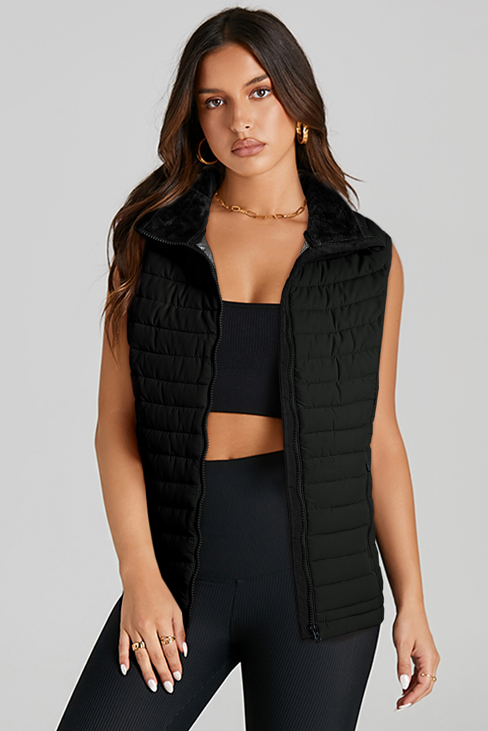 Black Plush Collared Quilted Zipped Puffer Vest - Image 3