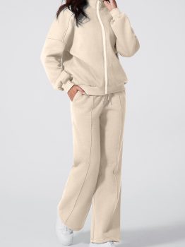 Beige Drop Shoulder Zip Up Jacket Drawstring Pants Active 2pcs Set