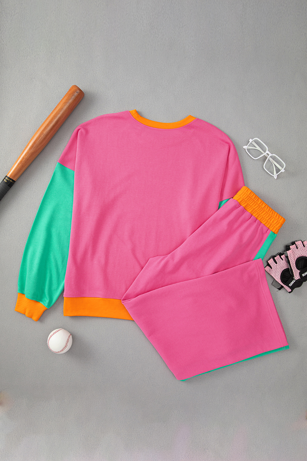 Rose Red 2pcs Color Block Pullover Loose Pant Set - Image 6