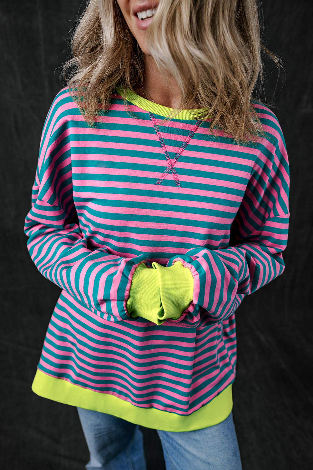 Green Stripe Oversized Contrast Trim Pullover Sweatshirt - Image 5