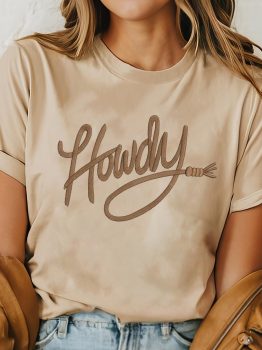 Khaki Howdy Embroidered Graphic Western Tee