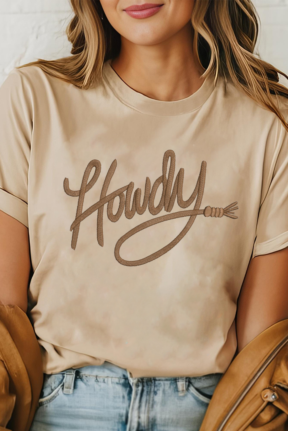 Khaki Howdy Embroidered Graphic Western Tee