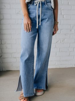 Myosotis Slit Leg High Rise Drawstring Casual Jeans