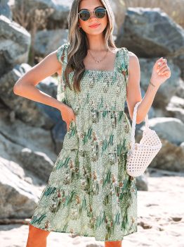 Gray Floral Knotted Strap Smocked Tiered Ruffle Mini Dress