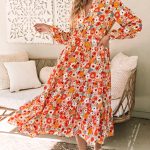 Multicolor Boho Floral Collared Long Sleeve Ruffled Dress