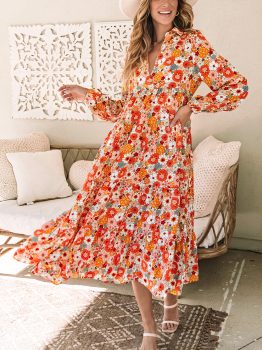 Multicolor Boho Floral Collared Long Sleeve Ruffled Dress