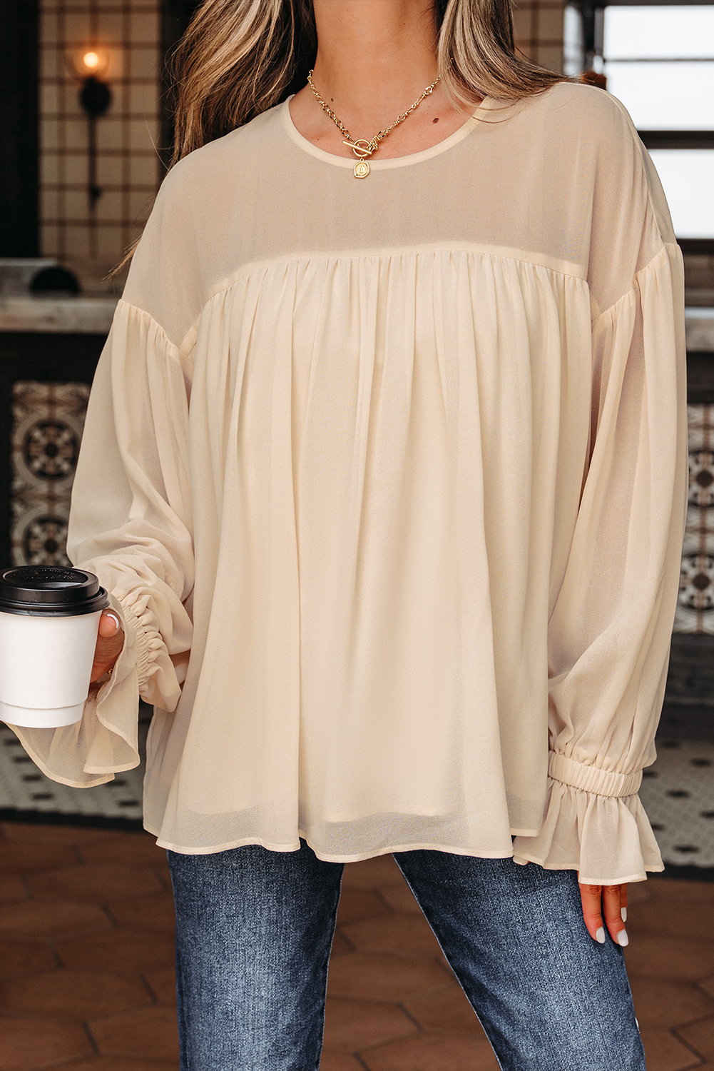 Parchment Pleated Ruffle Long Sleeve Chiffon Blouse - Image 8