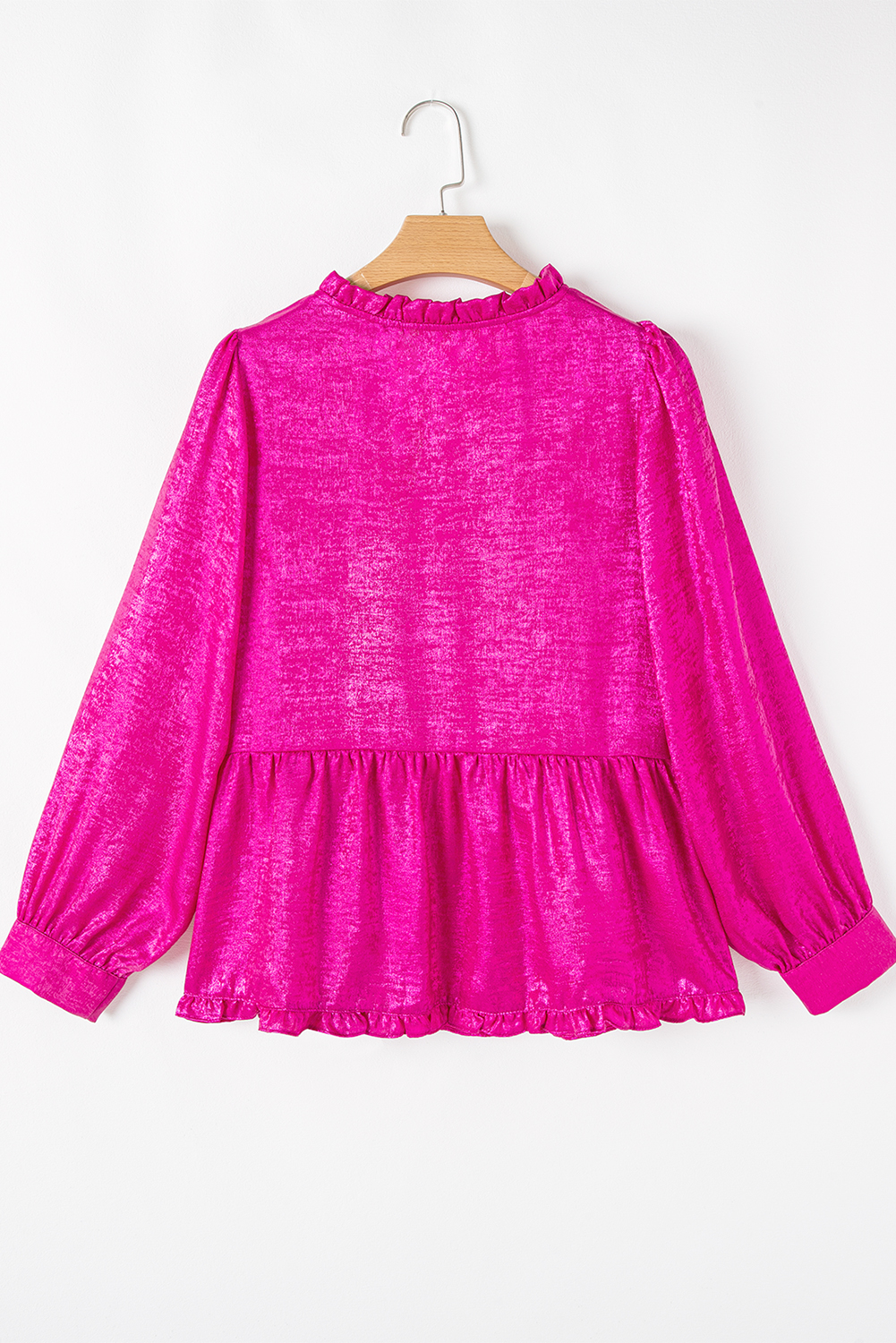 Rose Red Metallic Frilled V Neck Puff Sleeve Babydoll Blouse - Image 5