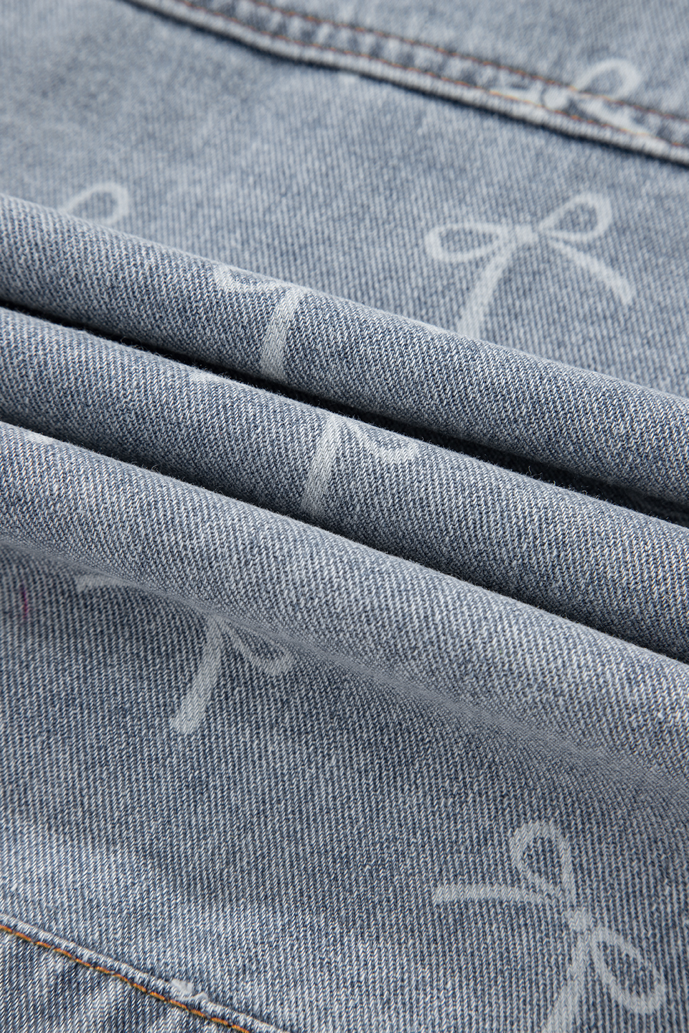 Sky Blue Bow Knot Print Light Wash Raw Hem Denim Jacket - Image 8