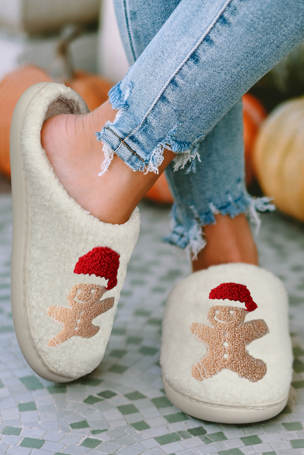 White Christmas Gingerbread Man Plush Home Slippers - Image 2
