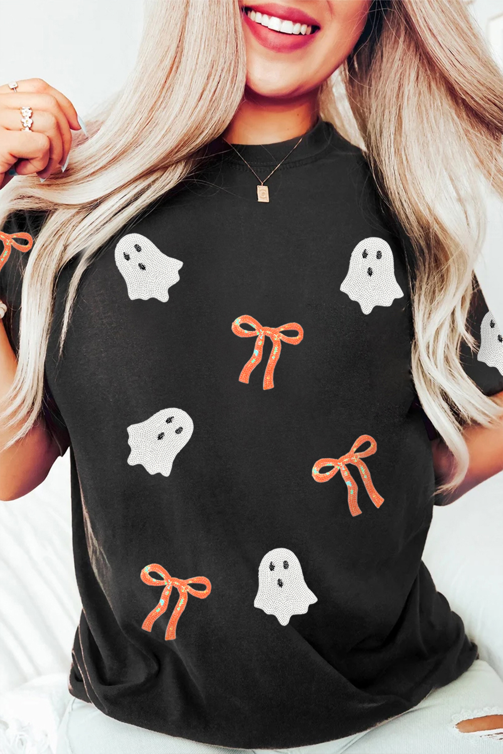 Black Sequin Bow Ghost Patched Halloween Graphic Tee - Image 4