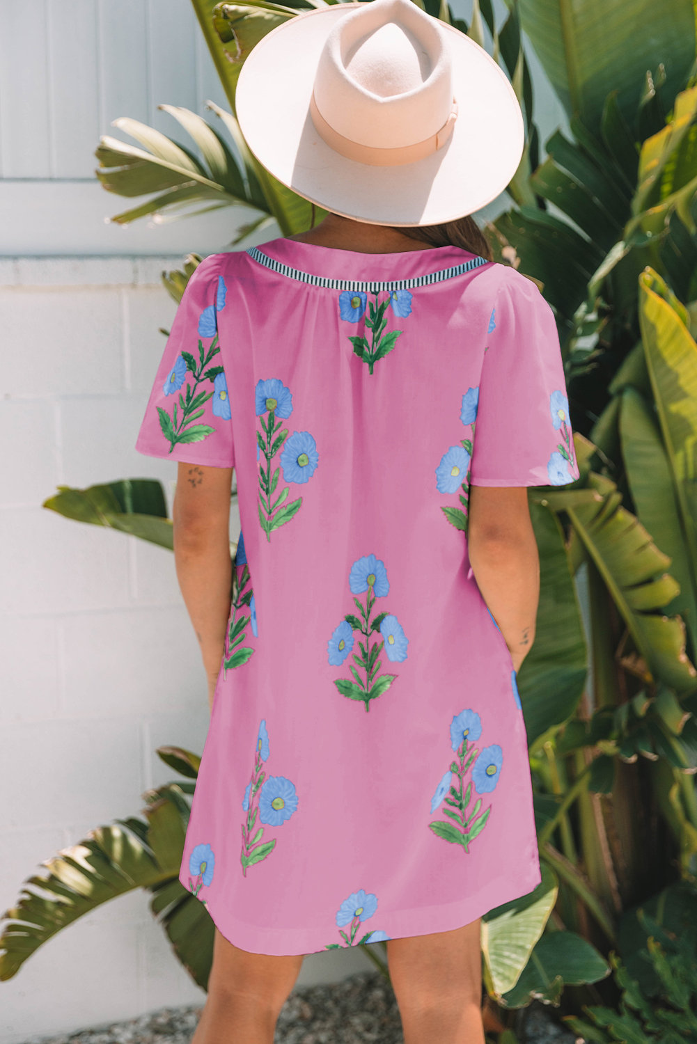 Rose Floral Short Sleeve Split Neck Loose Mini Dress - Image 2