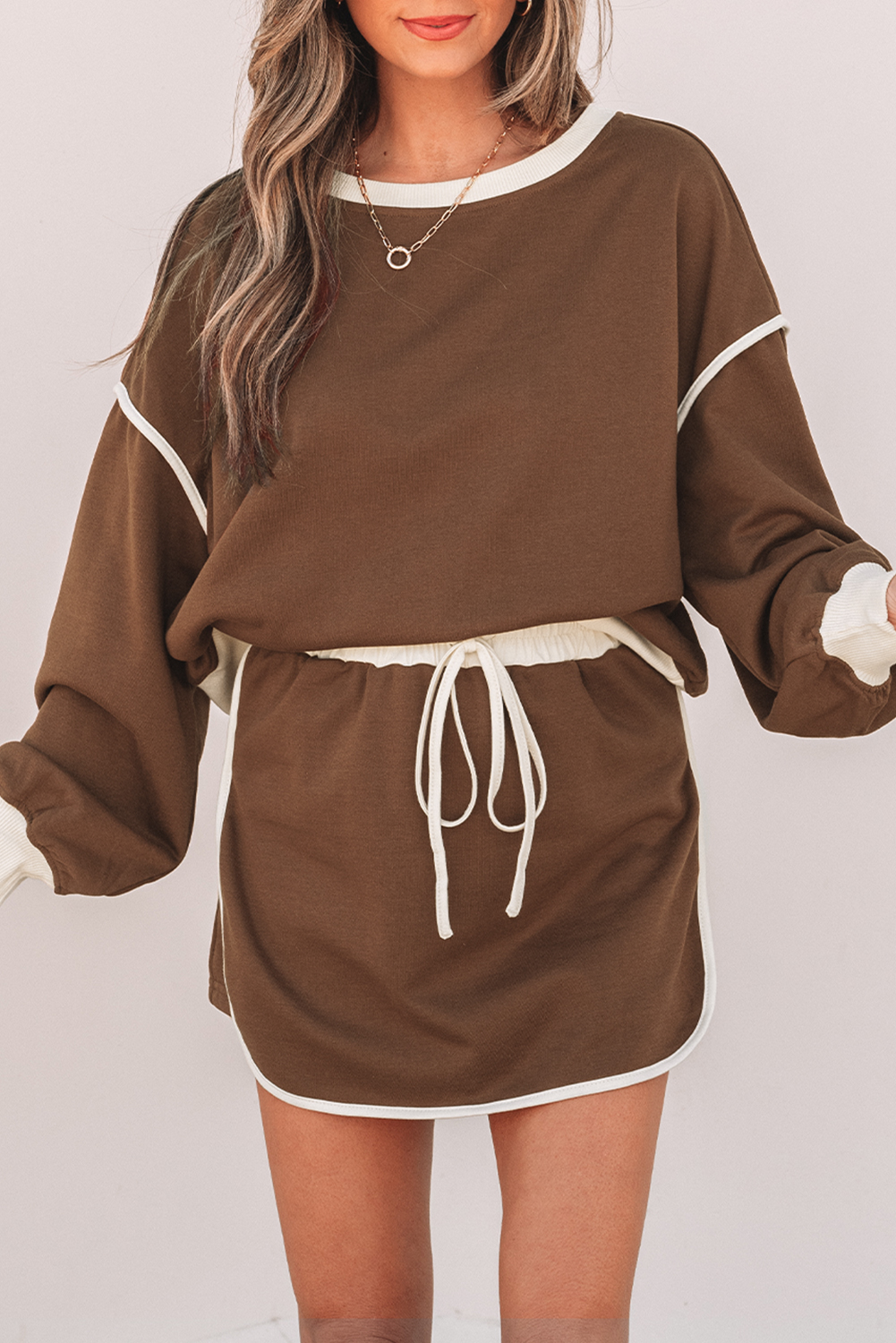 Coffee Color Contrast Loose Pullover and Lace-up Waist Skort Set - Image 7