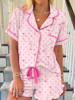 Pink Bow Print Contrast Pipping Short Pajamas Set