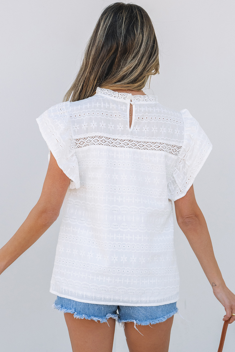 White Lace Neckline Flutter Sleeve Eyelets Blouse - Image 2
