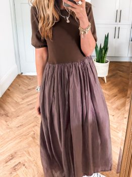 Coffee Short Sleeve Knit Top Patchwork Pleated Long Dress
