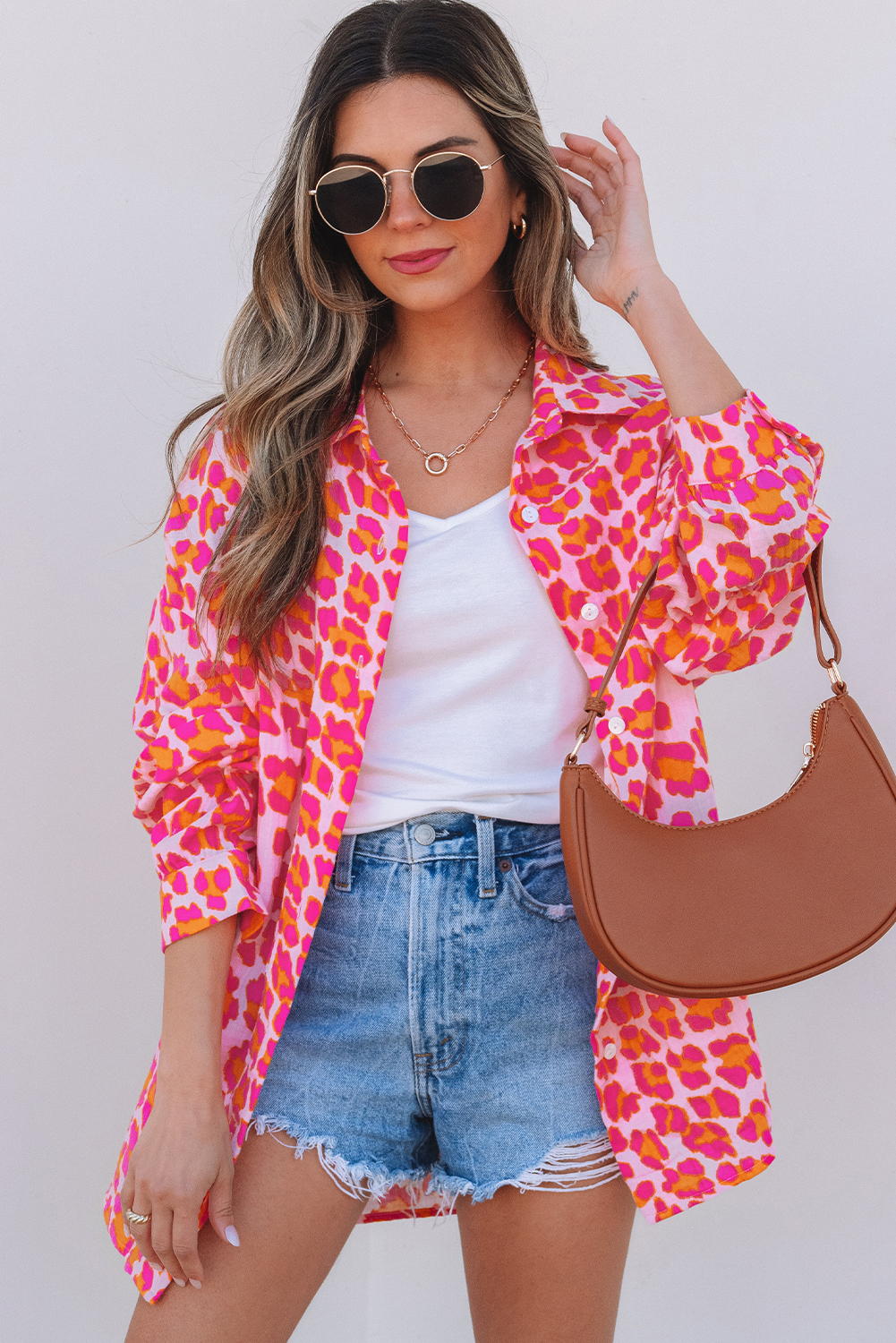 Rose Leopard Printed Button Up Loose Shirt - Image 4