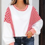 Red Stripe Colorblock Patchwork Contrast Stitching Oversize Sweatshirt