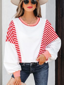 Red Stripe Colorblock Patchwork Contrast Stitching Oversize Sweatshirt