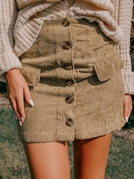 Camel Corduroy Buttoned Front Faux Pockets Mini Skirt