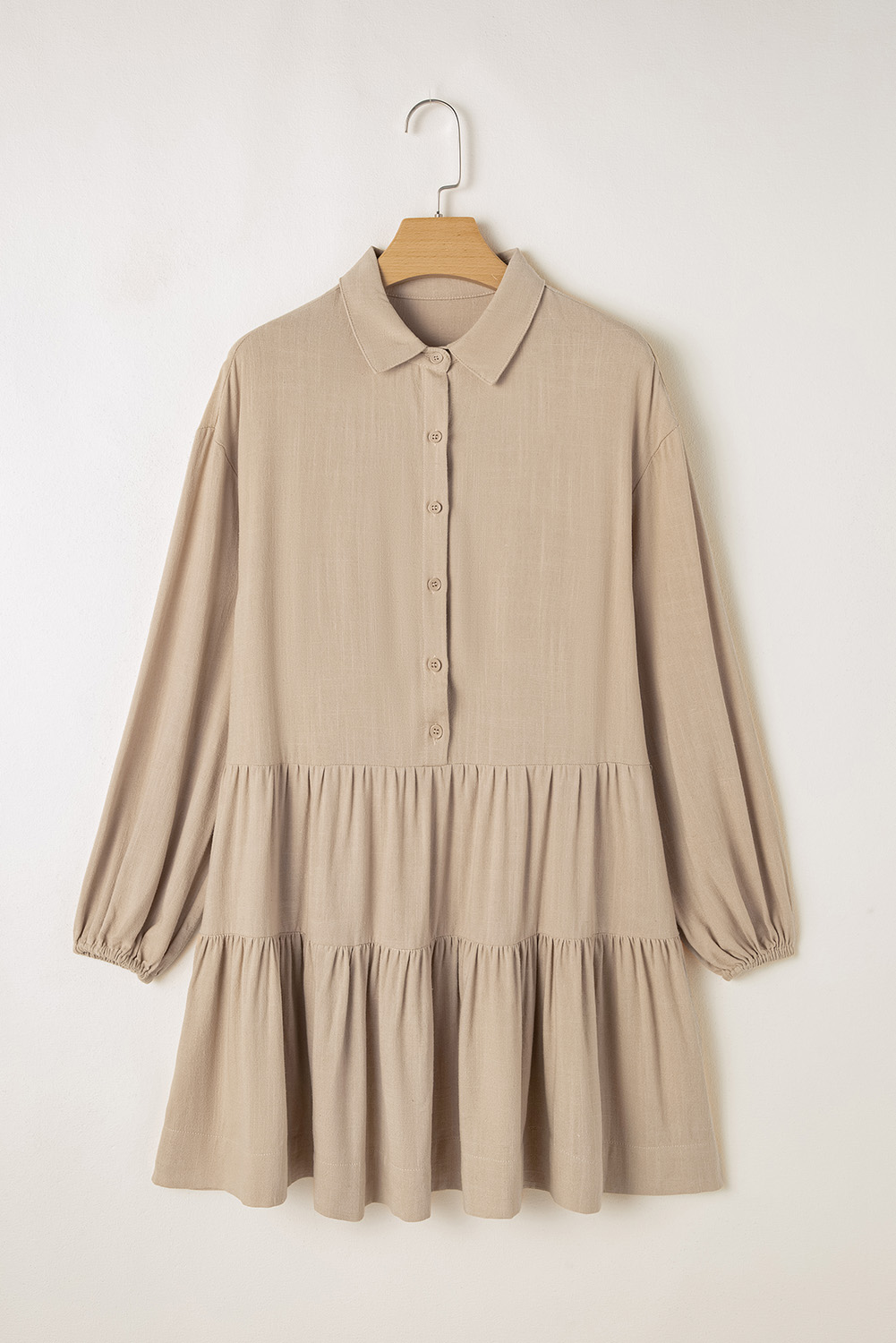 Tan Puff Sleeve Buttoned Tiered Pleated Shirt Mini Dress - Image 6