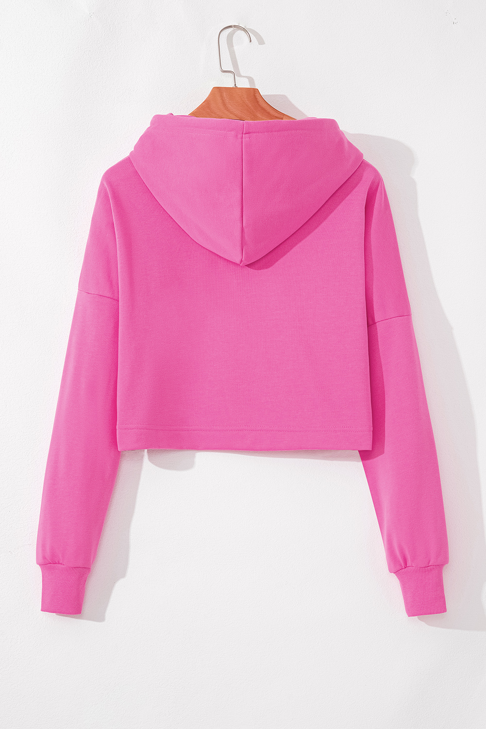 Sachet Pink Solid Drop Shoulder Drawstring Cropped Hoodie - Image 5