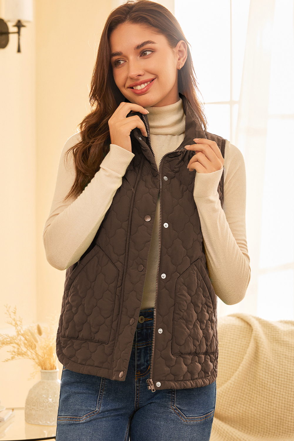 Dark Brown Flower Shape Quilted Snap Button Zip Up Winter Vest - Image 3
