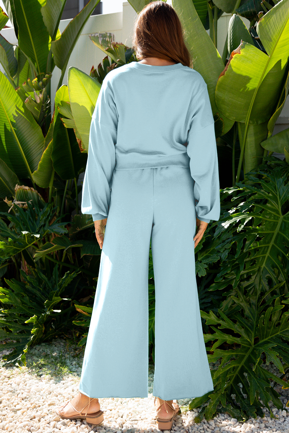 Mist Blue Drop Shoulder Puff Sleeve Crop Pullover Drawstring Wide Leg Pants Set - Image 2