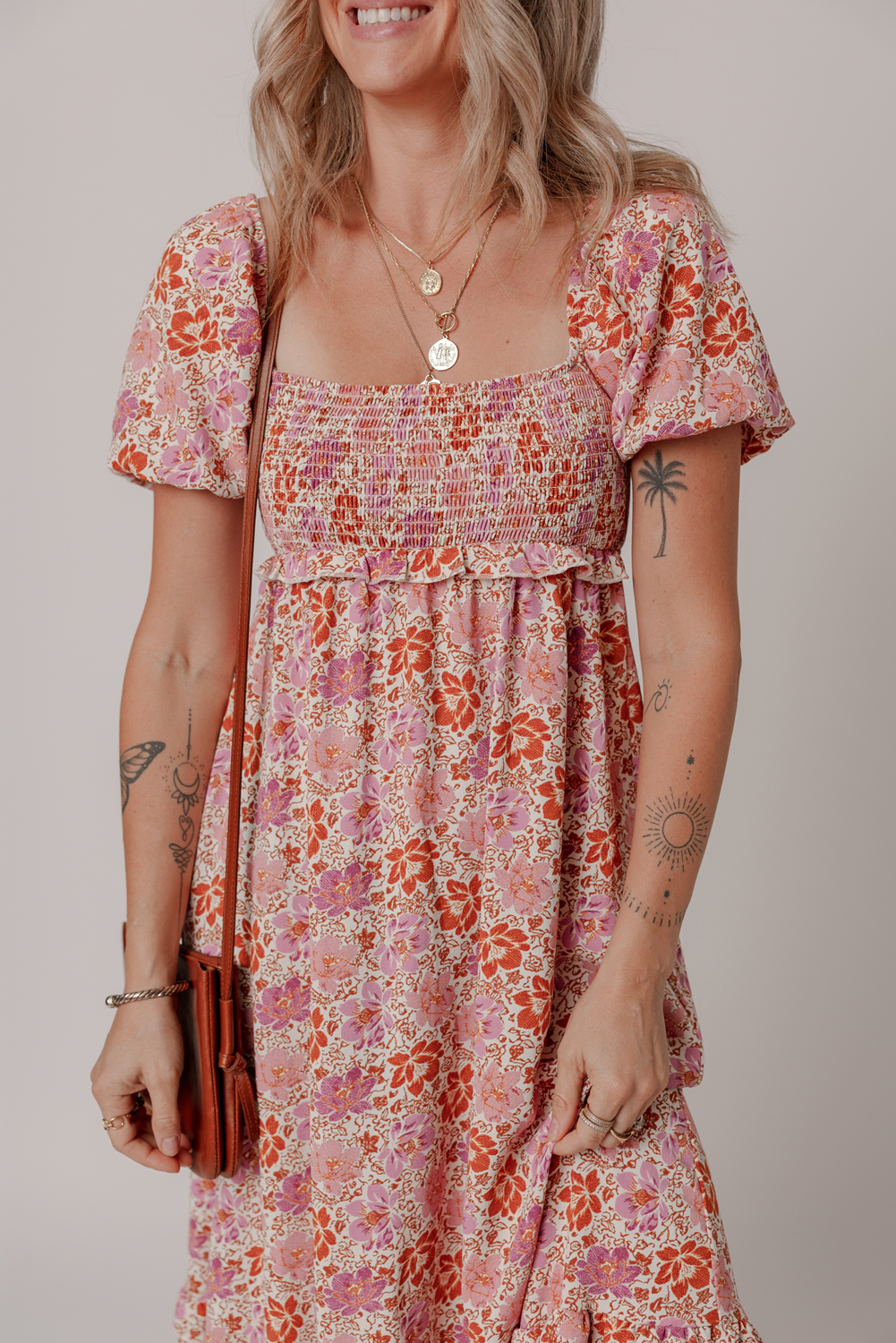 Pink Floral Square Neck Knotted Ruffle Midi Dress - Image 3