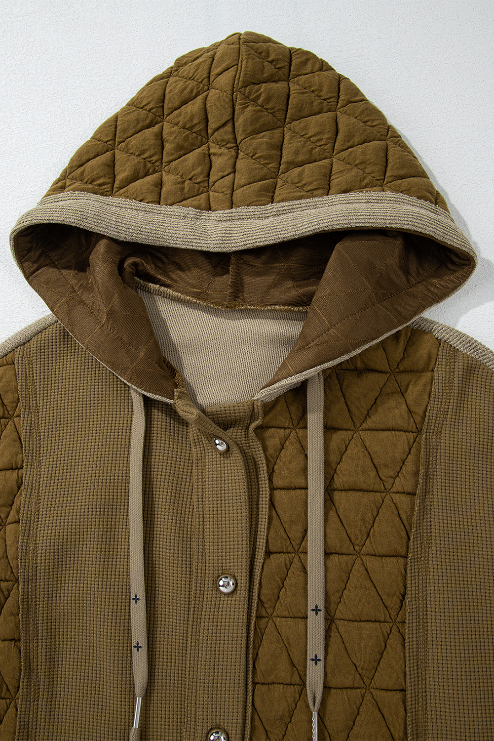 Jungle Green Quilted Textured Patchwork Loose Fit Hooded Jacket - Image 5
