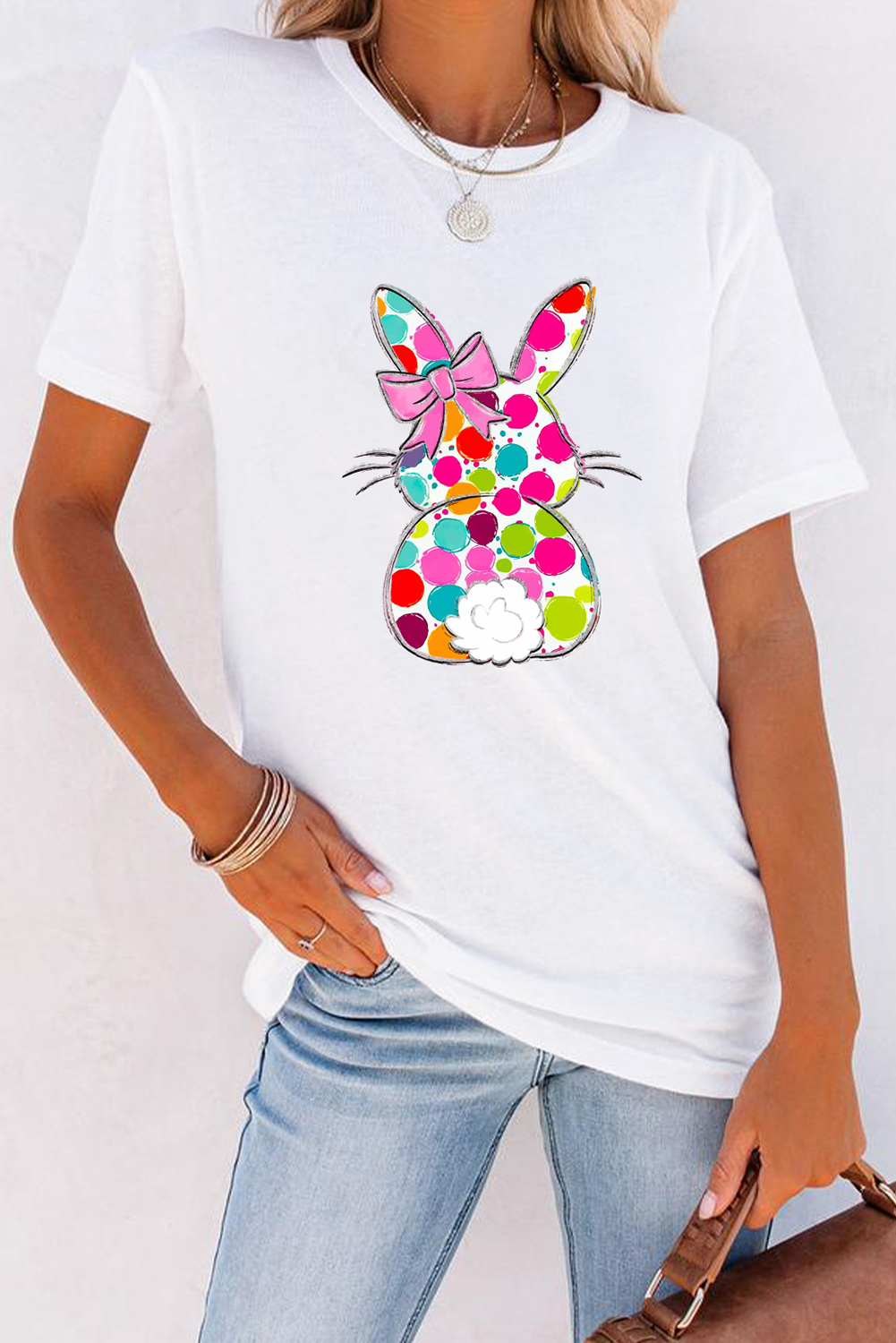 White Polka Dot Bow Rabbit Graphic Crewneck Easter Fashion Tee - Image 4