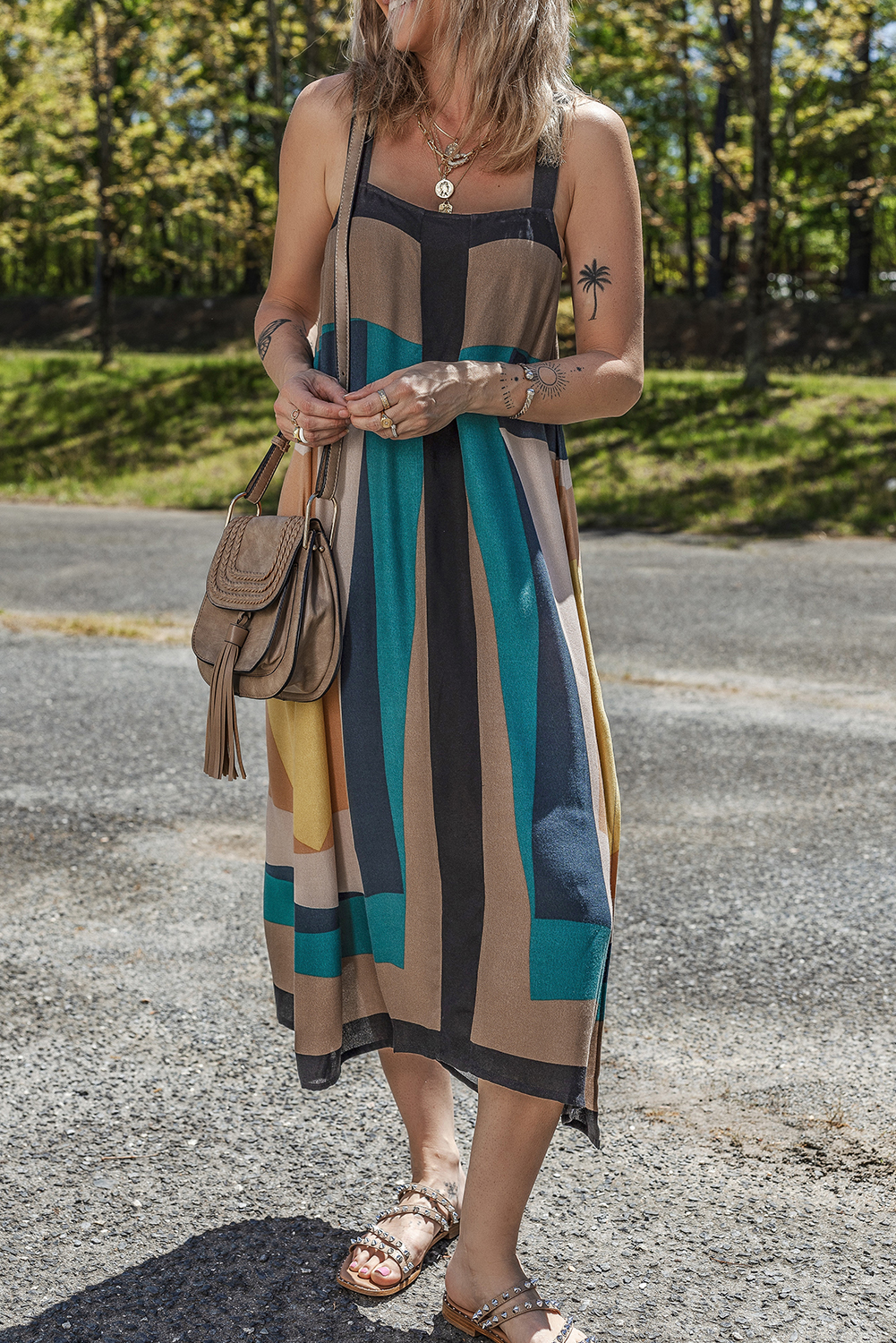 Brown Retro Geometric Printed Y Back Sleeveless Dress - Image 3