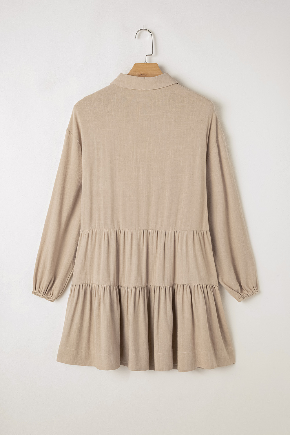 Tan Puff Sleeve Buttoned Tiered Pleated Shirt Mini Dress - Image 7
