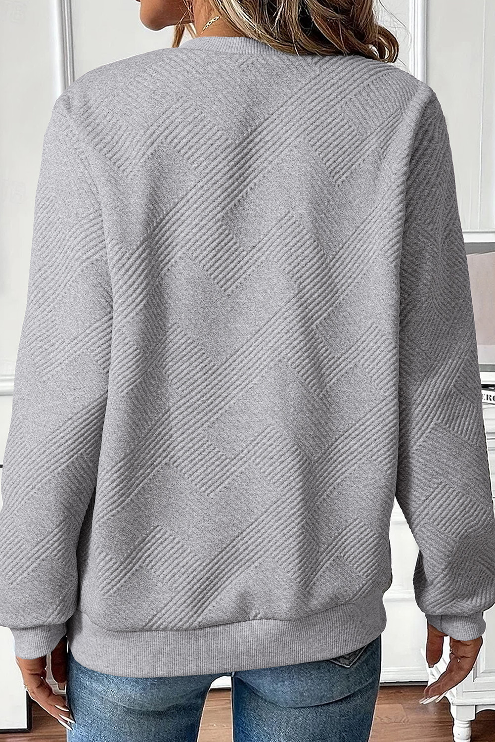 Medium Grey Trendy Textured Half Zip Loose Sweatshirt - Image 2